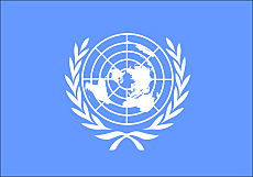 Logo der Vereinten Nationen, eine Weltkugel mit den den Kontinenten, umgeben von einem Kranz aus (Lorbeer-)Blättern