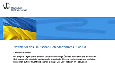 Ausschnitt des Februar-Newsletters, Banner mit Flagge der Ukraine vor blauem Hintergrund und Textausschnitt